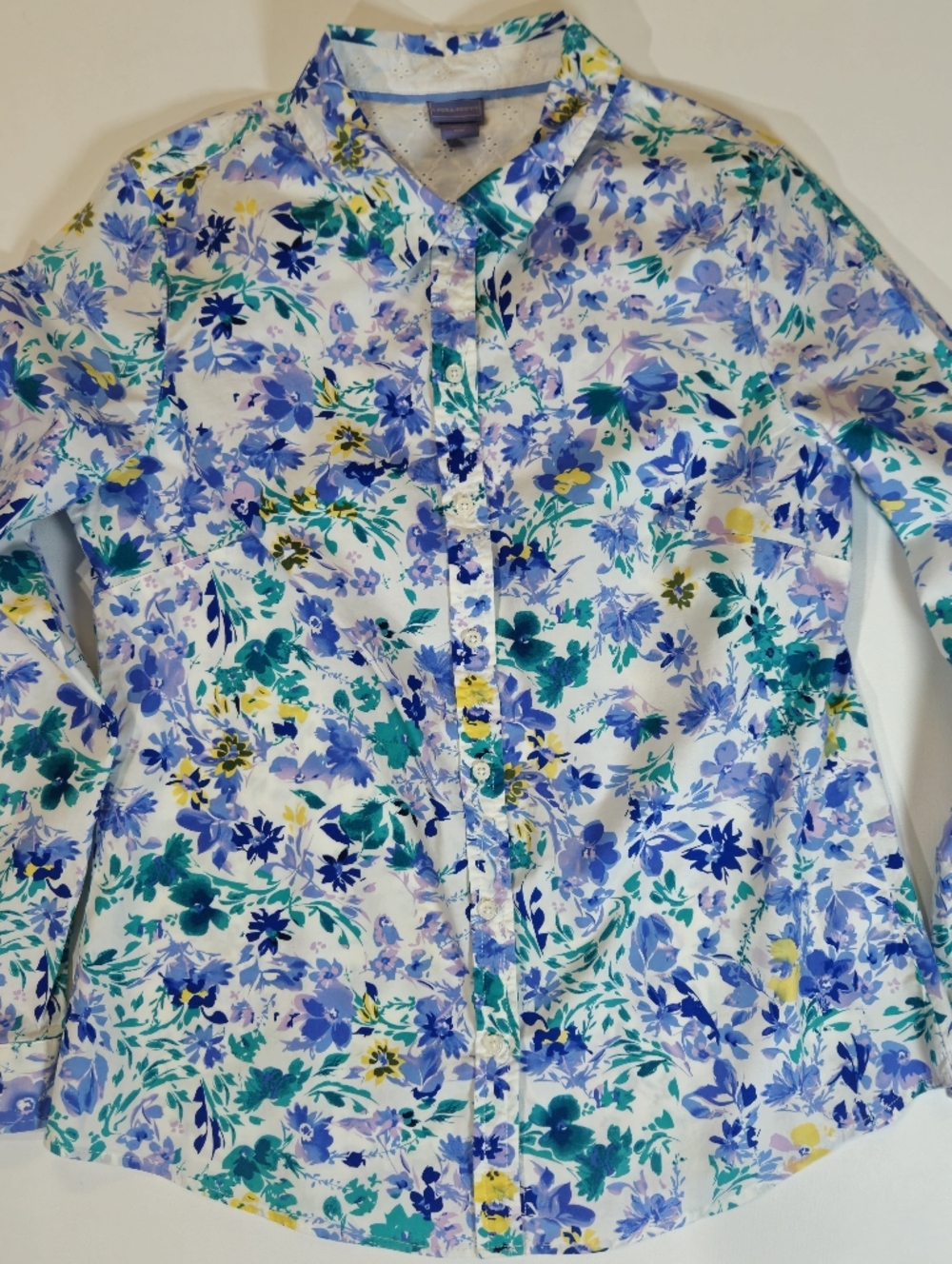 Laura Scott Blouse Womens Medium Blue Green Floral Button Down Cottagecore